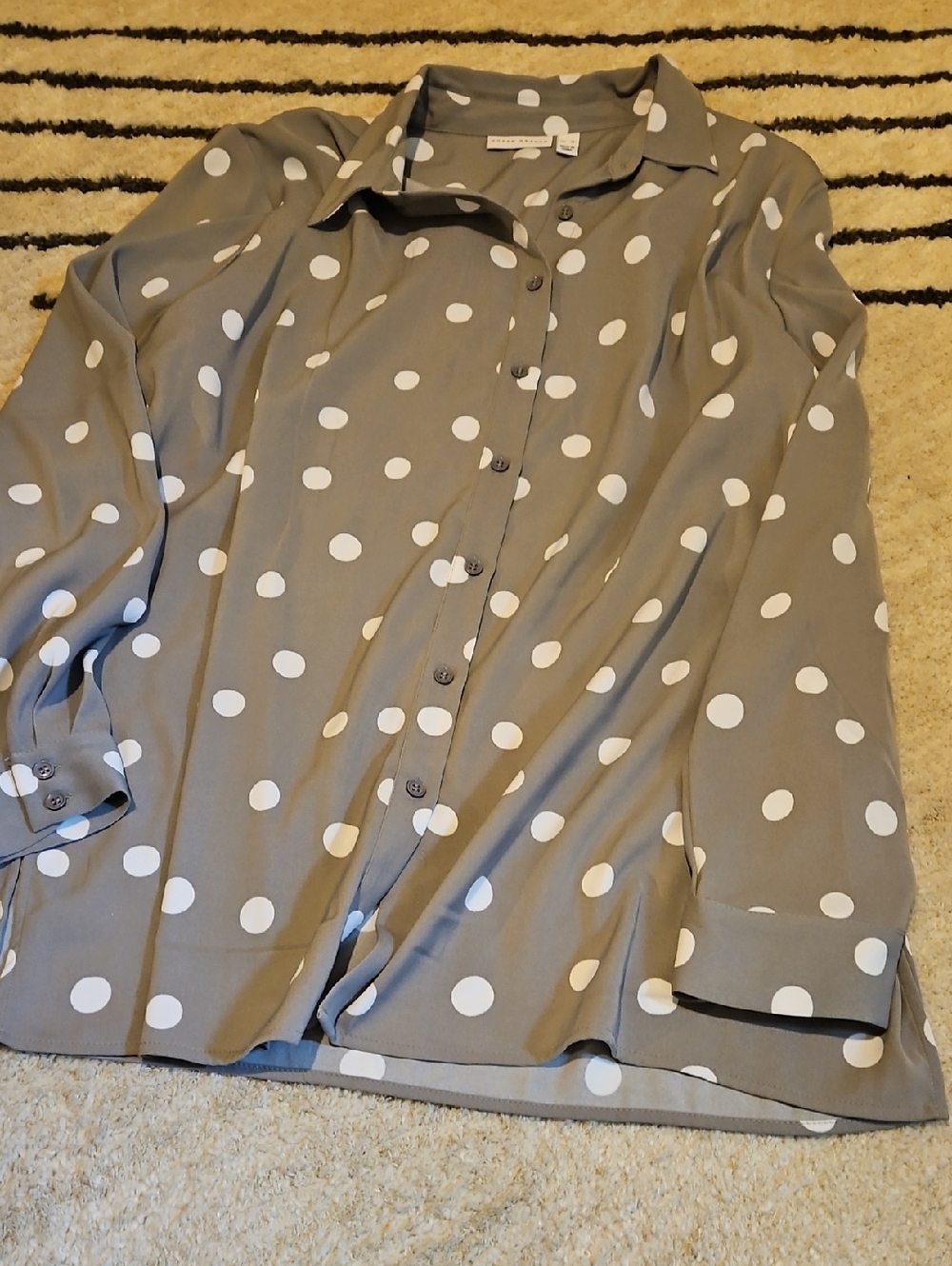 Susan Graver Taupe Polka Dot Button-Down Shirt with White Spots